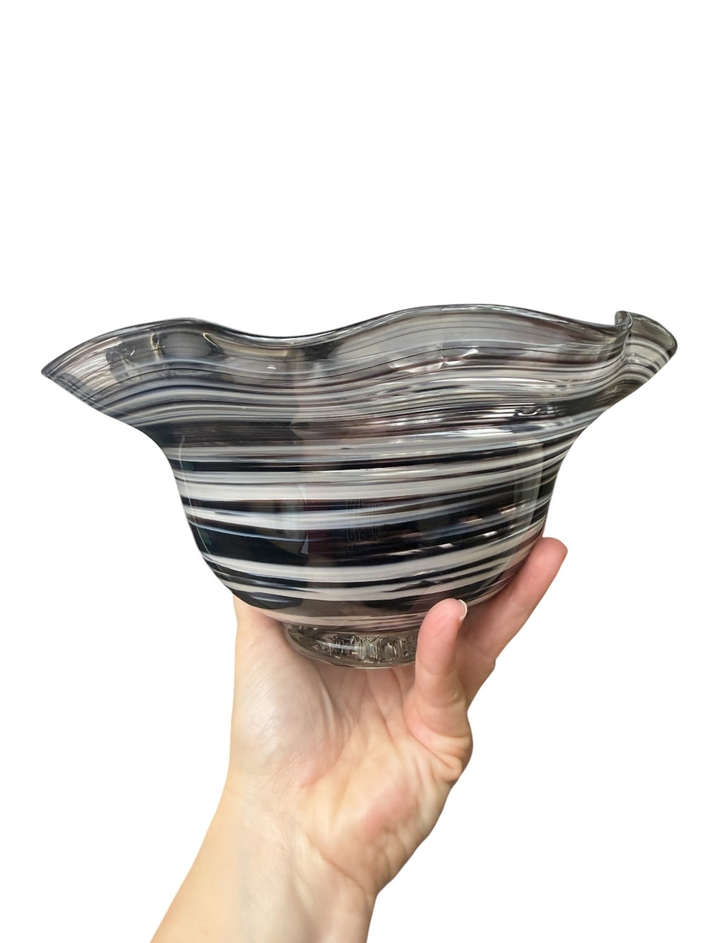 Hand-Blown Striped Ruffle Glass Bowl - Black & White - TGS